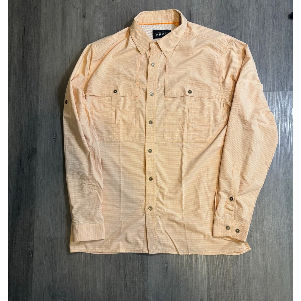 Orvis Fishing Shirt Mens Medium Orange Gingham Vented Long Sleeve Button Down